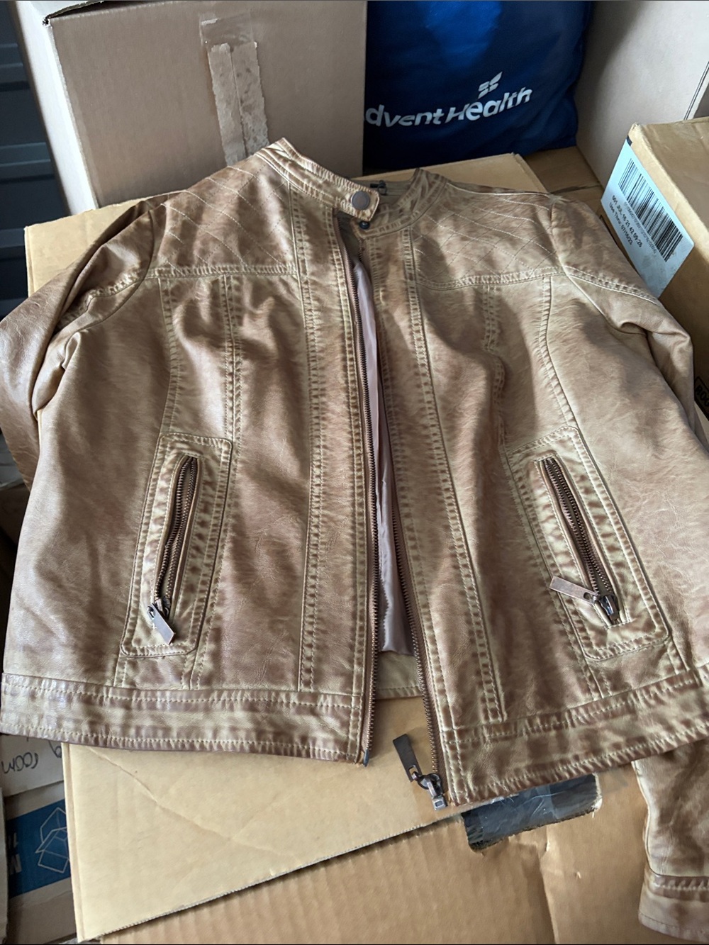 Women’s Tan Faux Leather Jacket - Classic Biker Style